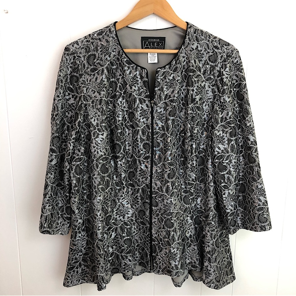Alex Evenings Lace Silver Grey Black Light Weight Full Zip Jacket Women’s 3X